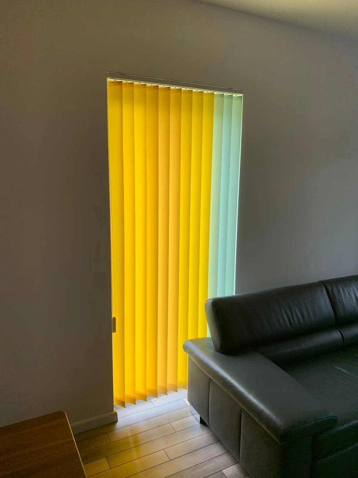 Żaluzje pionowe z kolorowymi lamelami w realizacji na Śląsku - widok kolorowych verticali przy wąskim przeszkleniu